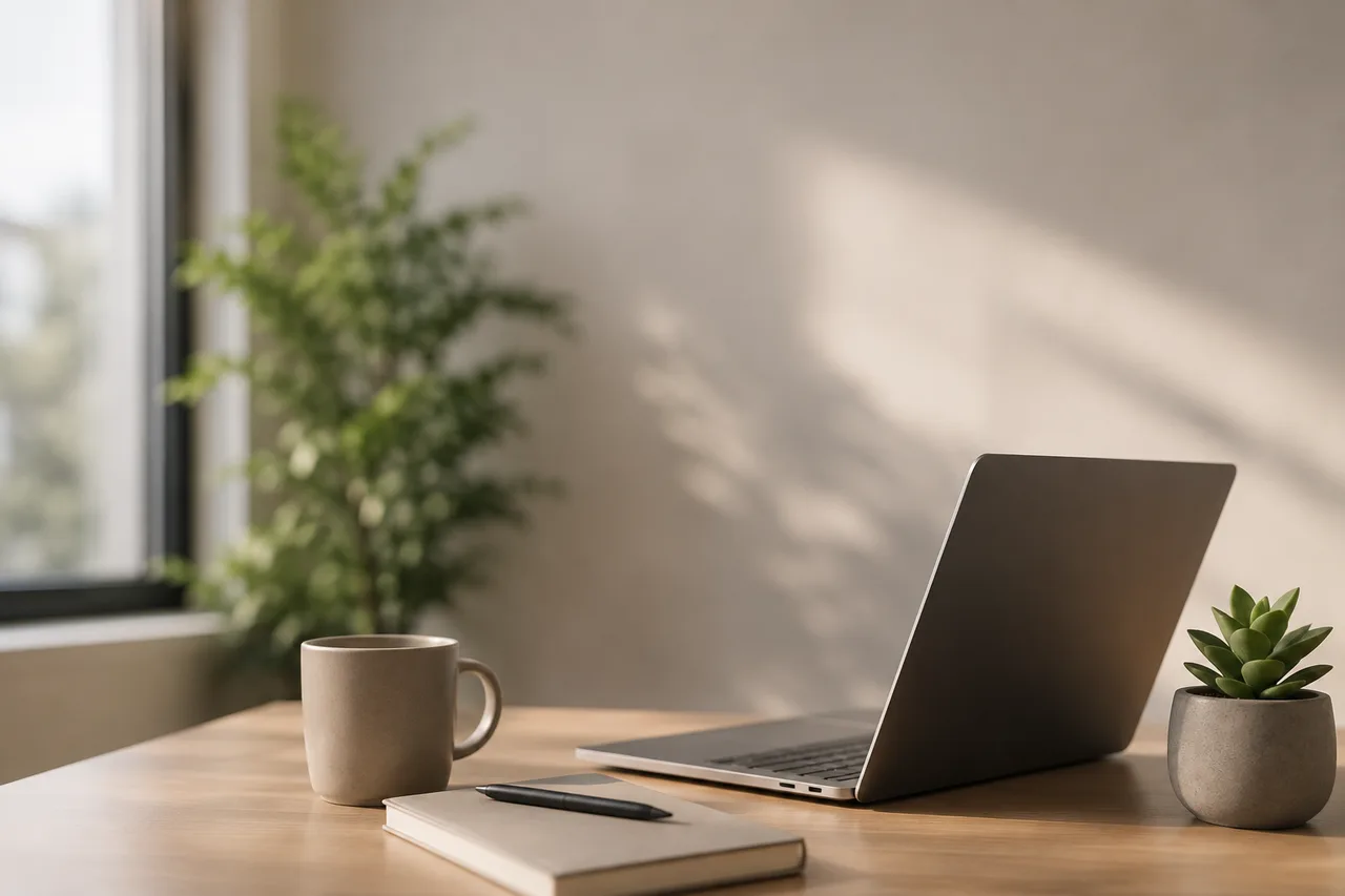 Een opgeruimd bureau bij het raam met een laptop, een kop koffie, een notitieboek met pen en een plant in het ochtendlicht.